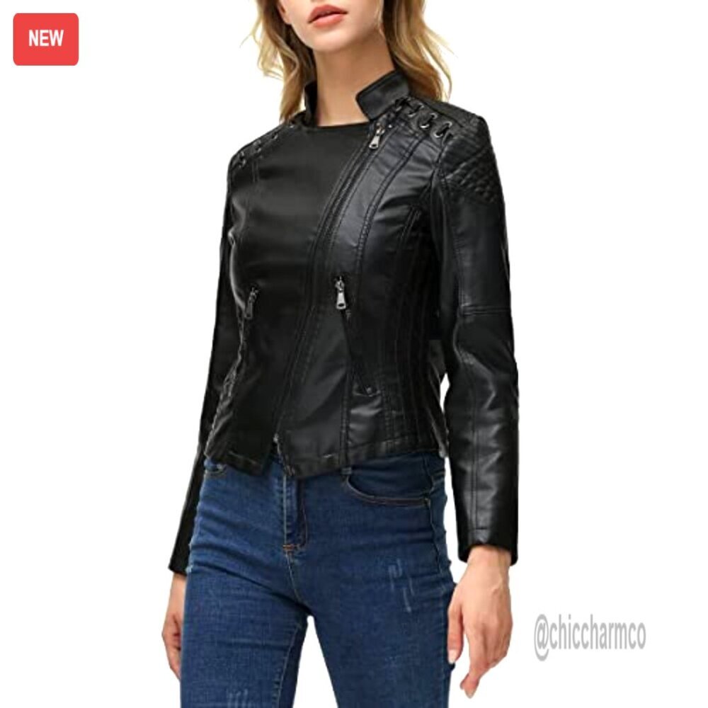 Faux Leather Moto Jacket Short Biker Coat with Pockets - Picture 6 of 7